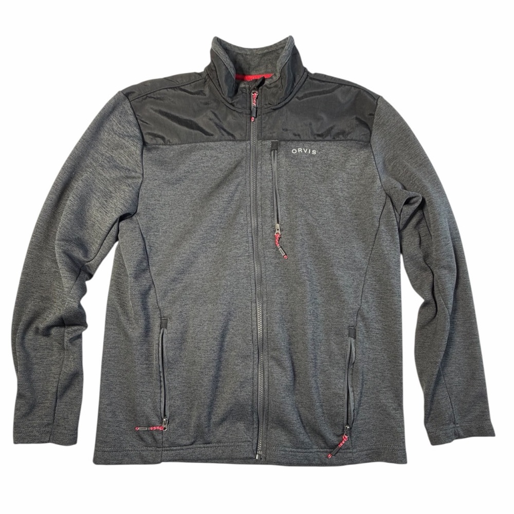 ORVIS Mens Fleece Jacket Full Zip Gray Black Red Trim Size Medium